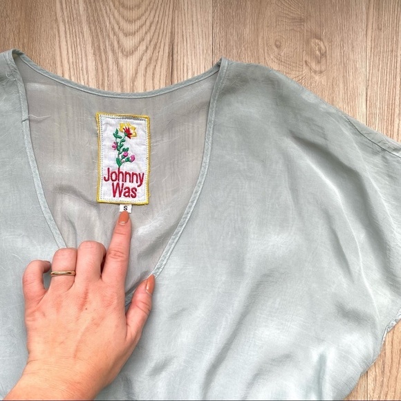 Johnny Was Blue Aqua Sheer Tunic Embroidered Floral Hem V-Neck - Picture 3 of 5